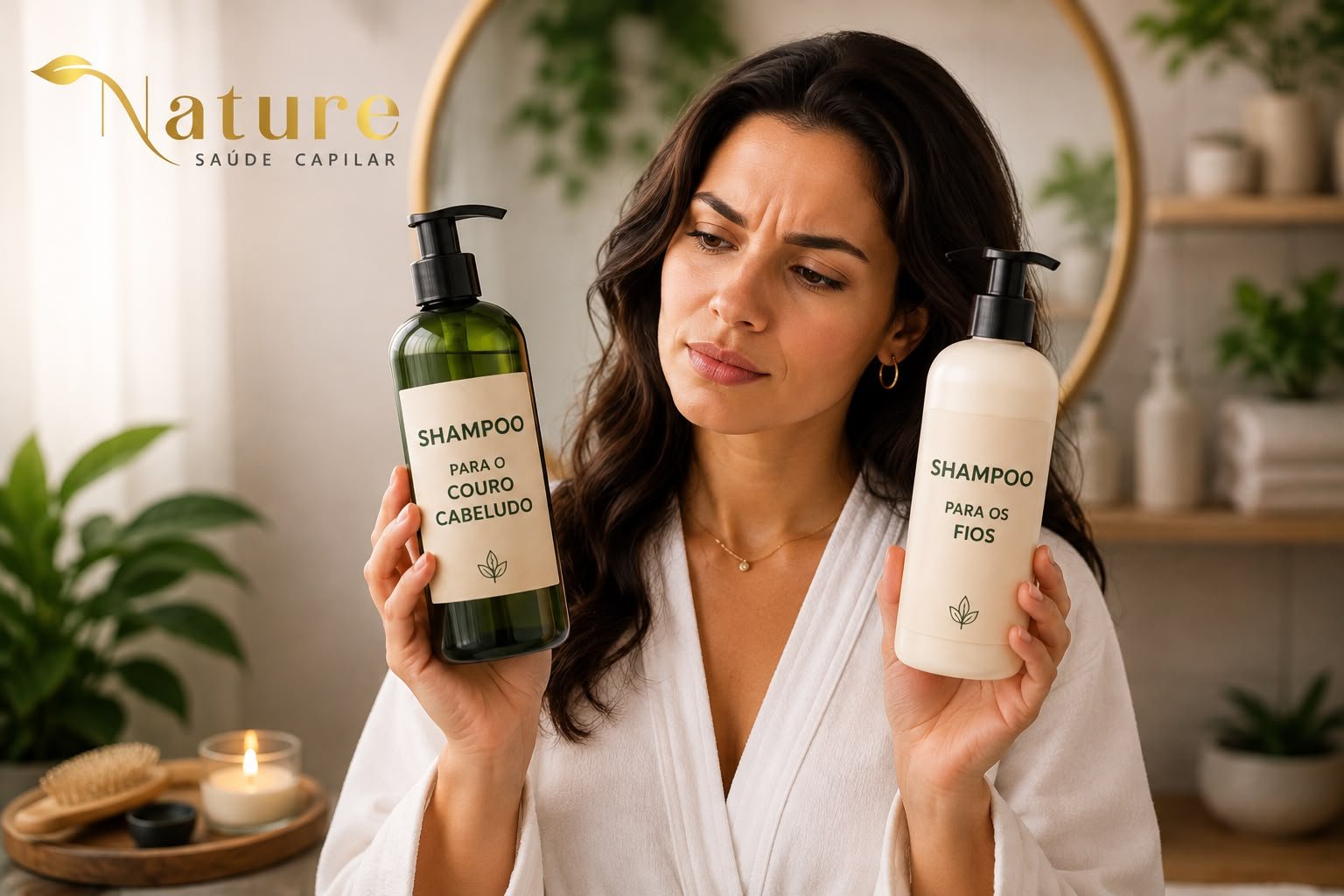 Mulher segurando dois shampoos, um para o couro cabeludo e outro para os fios